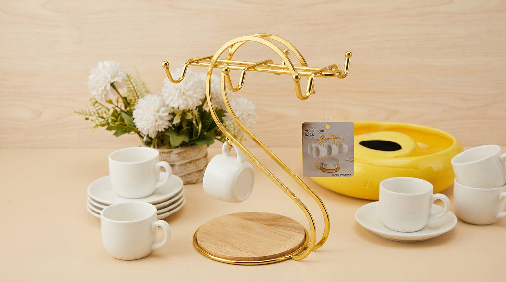 Golden Steel Mug Holder with Wooden Base – Premium Quality