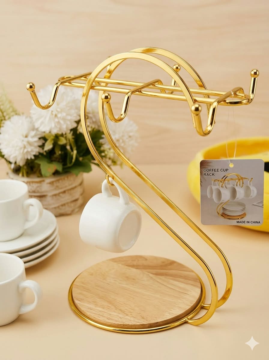 Golden Steel Mug Holder with Wooden Base – Premium Quality